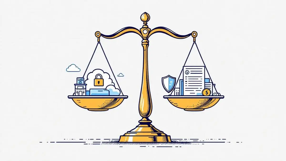 Balance scale cyber risk icons locks clouds vs insurance papers shield