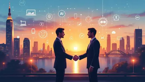 Business teams handshake digital icons network sydney ai integration
