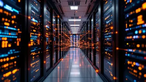 Modern office data center computer servers ai connections glowing lines realistic