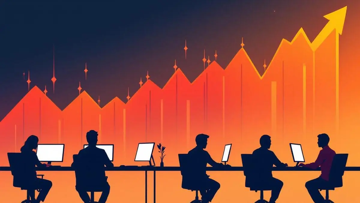 Stock market graph rapid upward spikes human silhouettes computers financial volatility technological focus