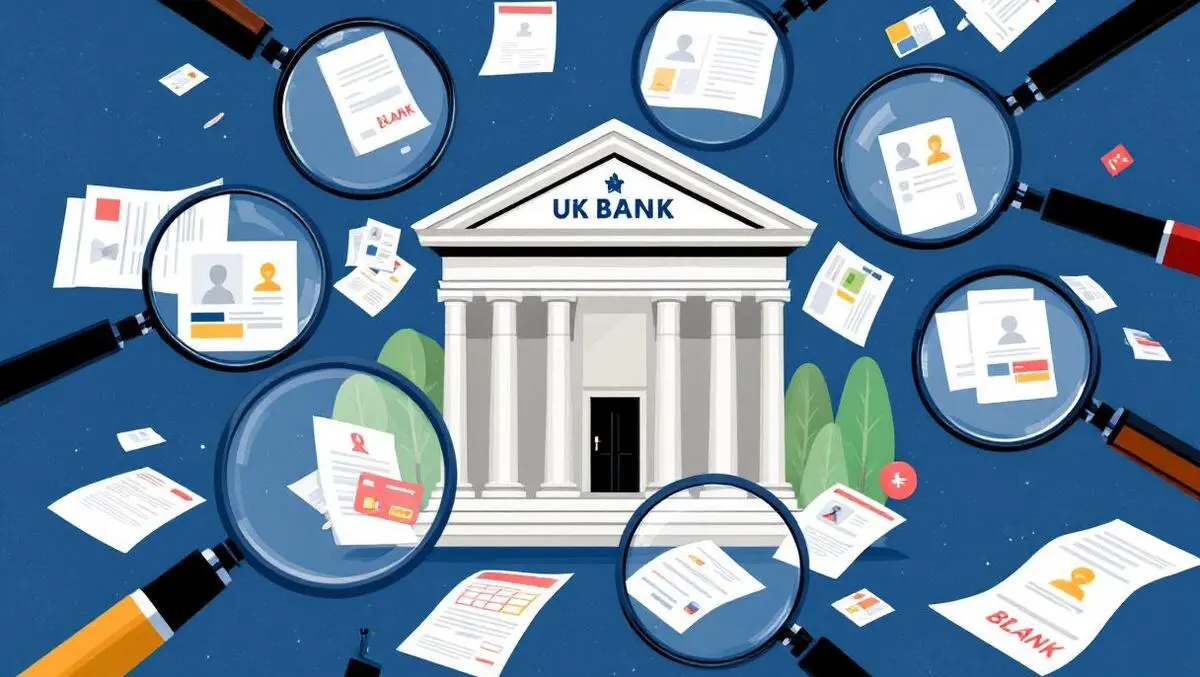 Uk bank building surrounded by magnifying glasses inspecting ids documents compliance