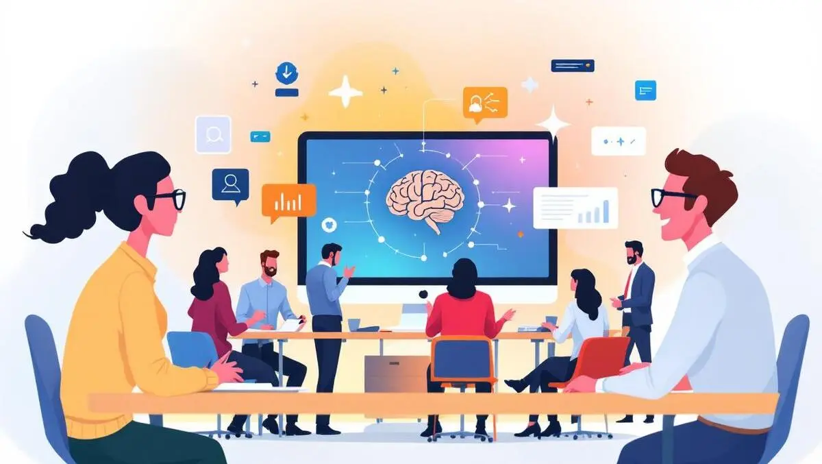 Business professionals collaborating around desk ai brain circuit icons