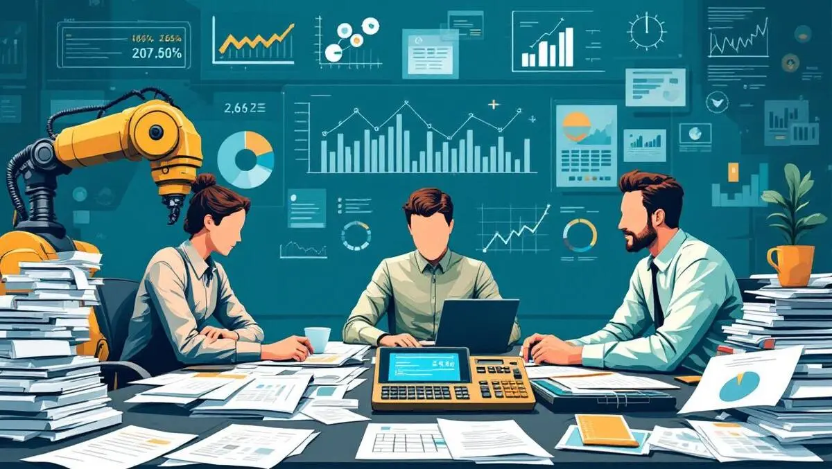 Finance team conference table old calculators robot arm data analysis graphs risk management