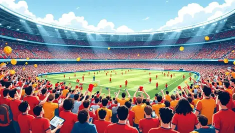 Crowded football stadium fans red jerseys holding merchandise food rewards mobile payments