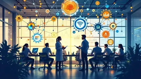 Researchers modern workspace digital data visualizations ai collaboration academic research