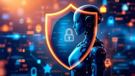 Shield protecting robotic ai agent digital lock binary code network security