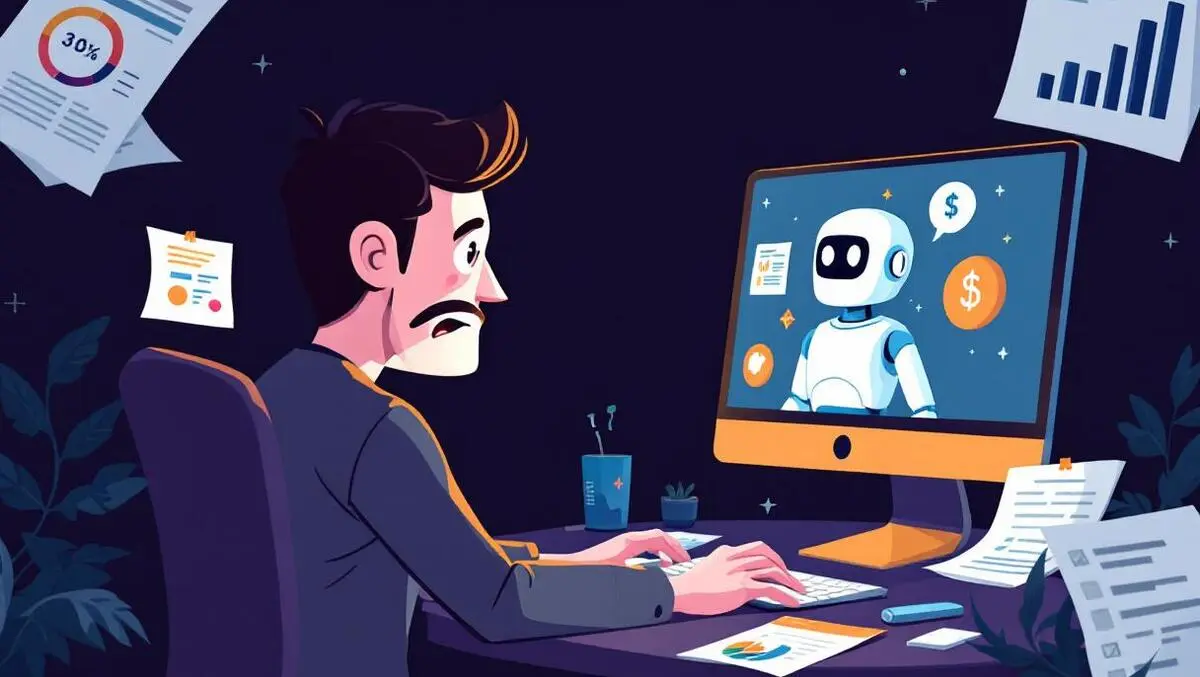 Uk small business owner concerned computer chatbot avatar financial risk