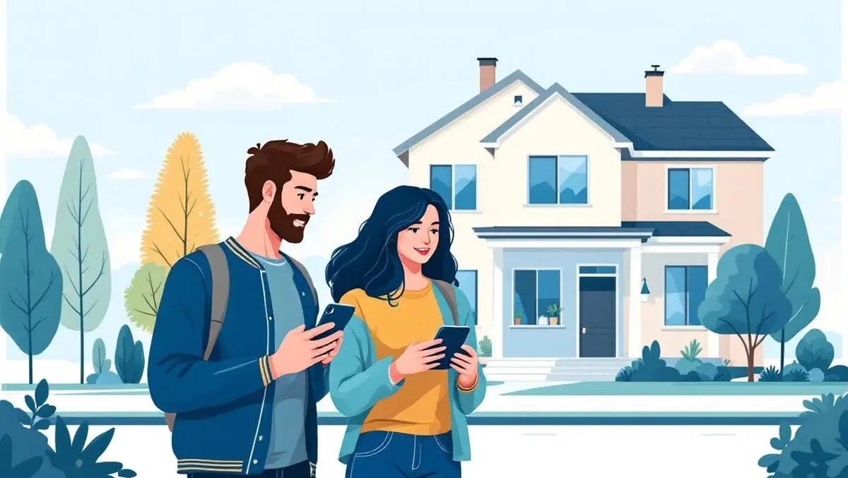 Young adults using smartphones inspecting modern home social media property advice