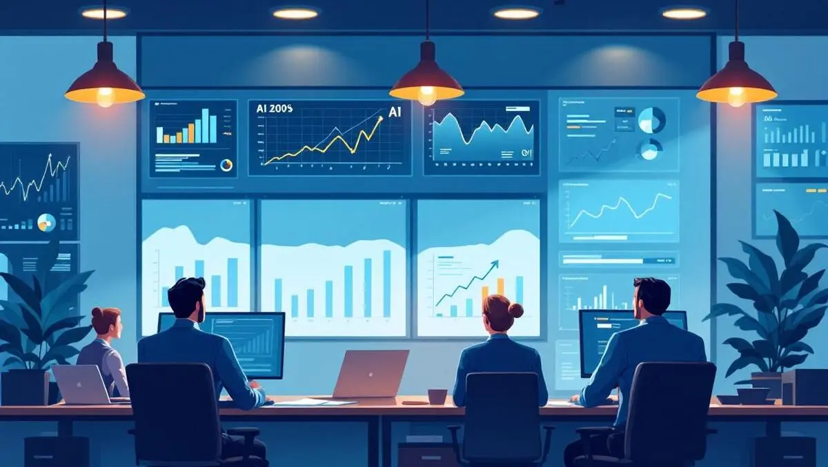 Business office executives analyzing ai investment charts graphs trends