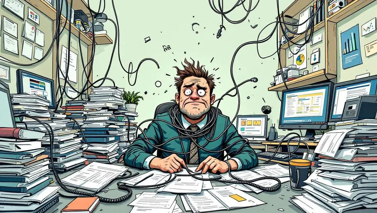 Frazzled project manager surrounded by tangled cables papers uk office