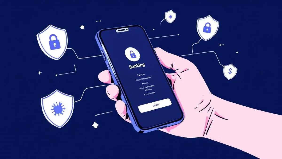 Hand holding smartphone banking app with digital protection shield symbols