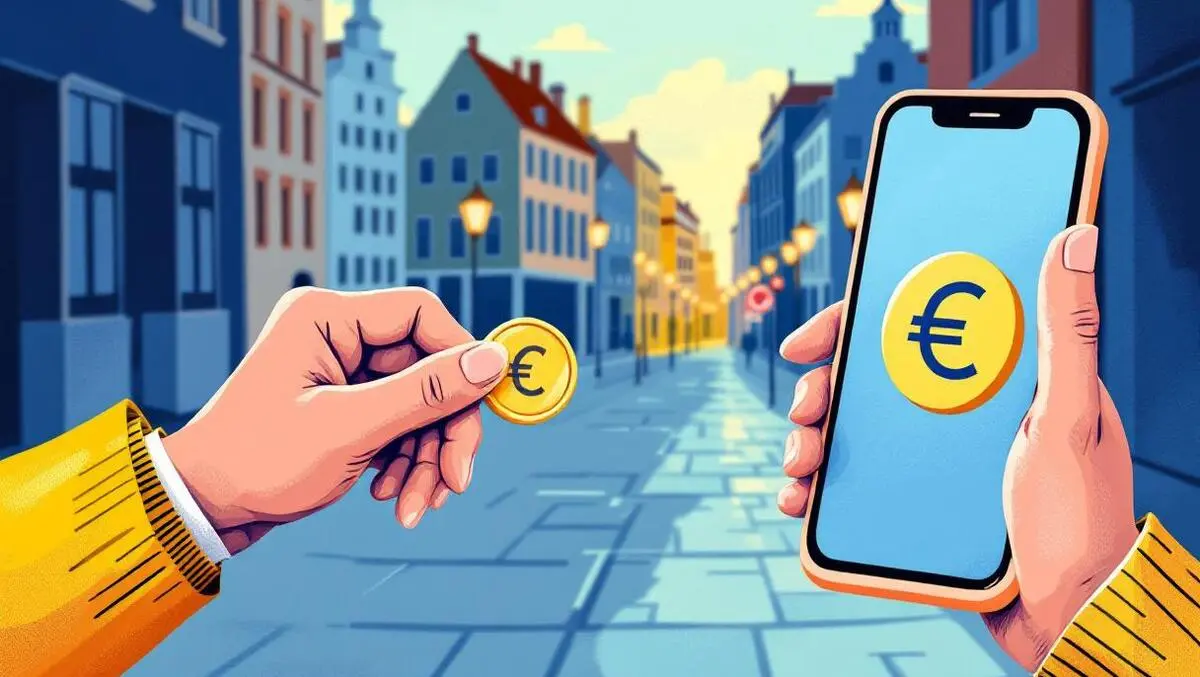 Hands exchanging coin smartphone euro symbol european cityscape offline digital payments