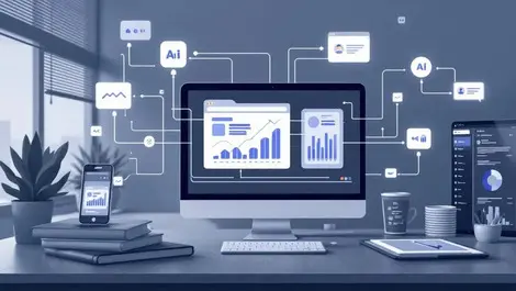 Interconnected digital devices smartphones laptops tablets graphs messaging icons streamlined ai marketing automation modern tech workspace