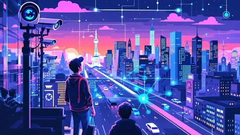 Security cameras overlooking modern cityscape digital network overlay infographic