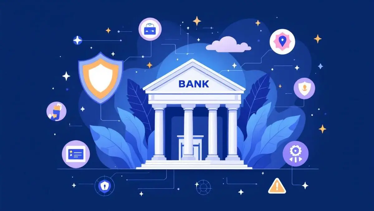 Traditional bank building digital elements wallet icons security fraud alerts
