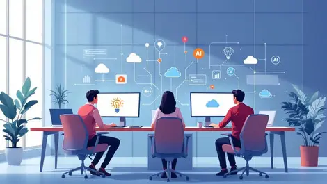 Modern office australian professionals collaborating cloud ai icons