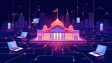 Australian government building digital devices circuit patterns ai integration cityscape
