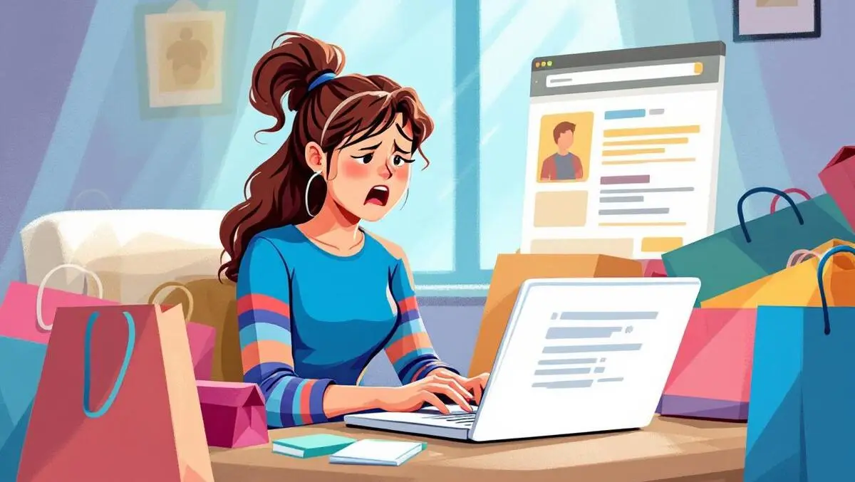 Frustrated shopper using laptop amid shopping bags home uk obstacles