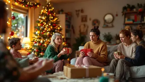 Cluttered living room christmas tree gift exchange uncertain disappointed people australian home