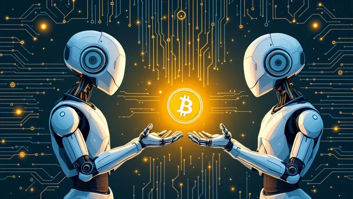 Two human like robots exchanging glowing digital coins circuit background ai micropayments crypto tech