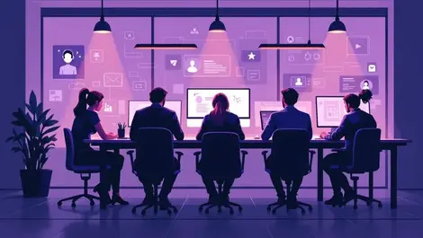 Uk marketing office professionals working ai assistants screens empty conference chairs symbolizing reduced agency interaction