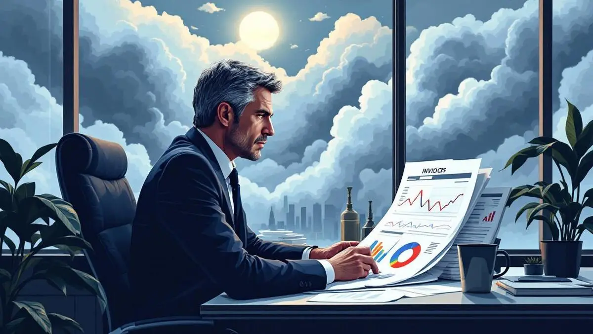 Cfo reviewing rising cloud ai costs in office stormy financial risk