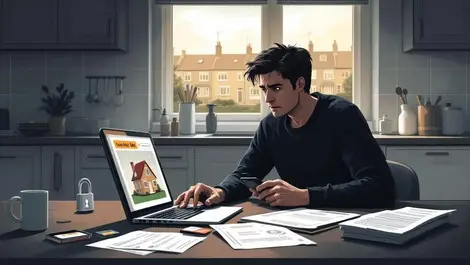 Uk homebuyer anxious with laptop phone ids locked house terrace