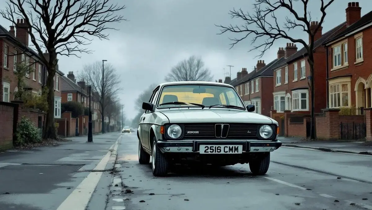 Older compact car uk suburban street faded paint loyal insurer