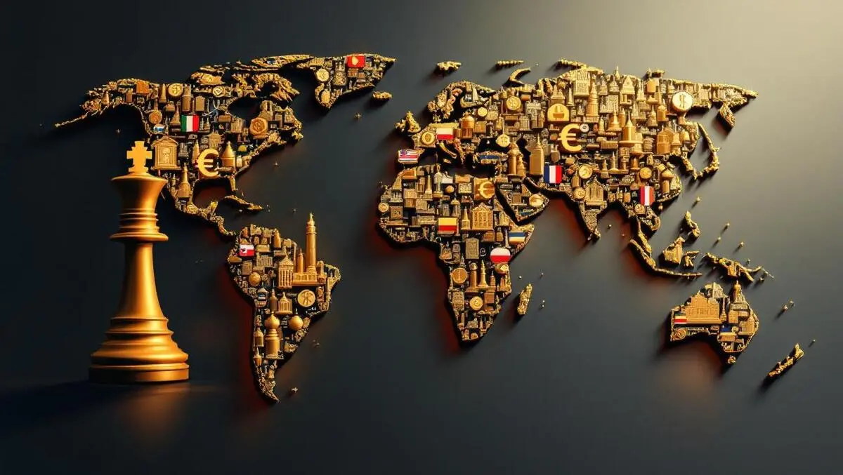 Global finance control chessboard map golden symbols flags