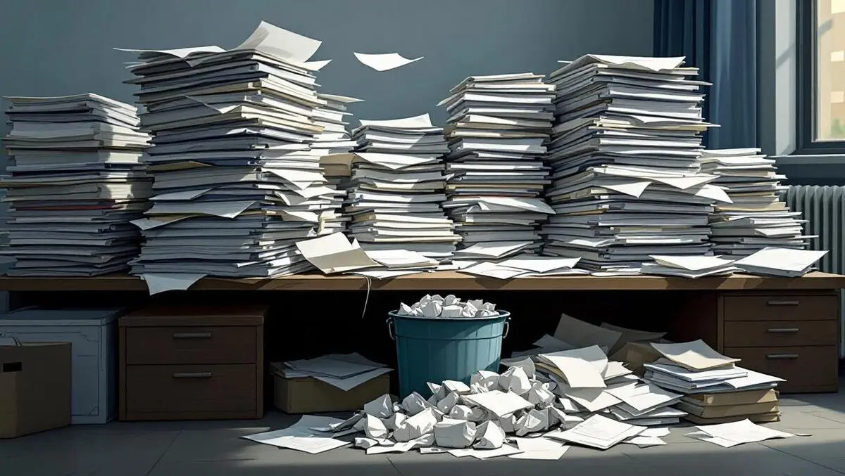 Cluttered uk law firm desk with contract stacks wasted money