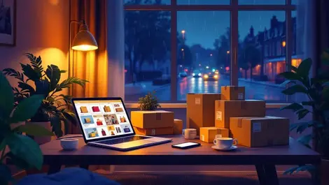 Uk living room at night online shopping parcels rainy street view