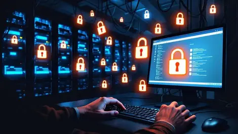 Dark server room ransomware attack shadowy hacker hands locks