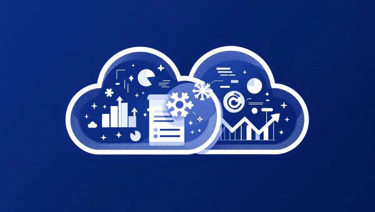 Cloud data merge charts with geometric snowflake icon blue flat