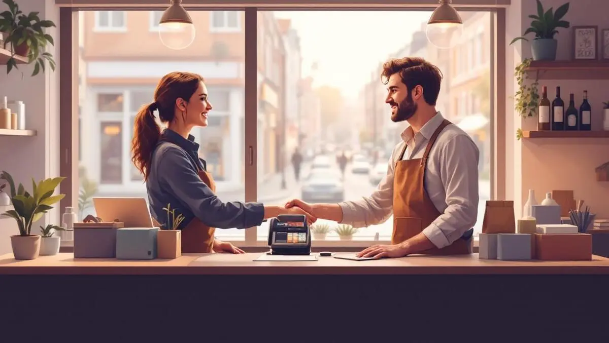 Uk high street shop owner shakes hands with fintech rep interior