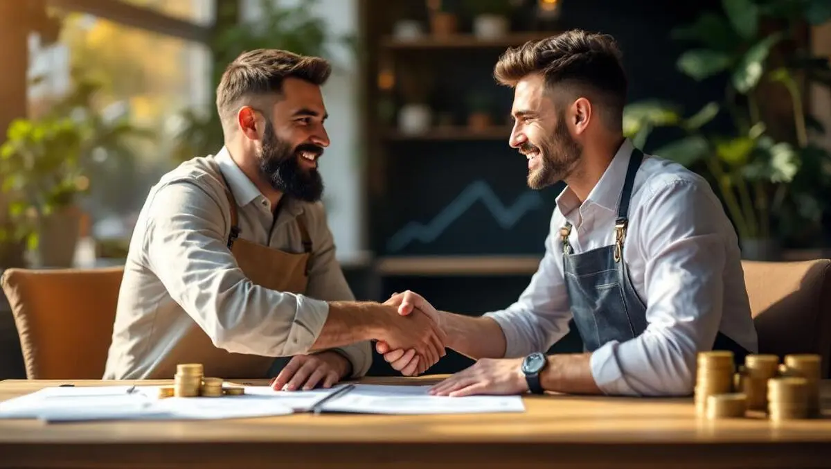 Uk high street shop owner meets business lender approved loan handshake