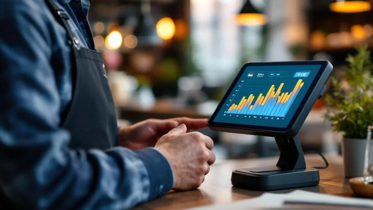 Belgian cafe owner reviewing terminal rising cash flow chart eu