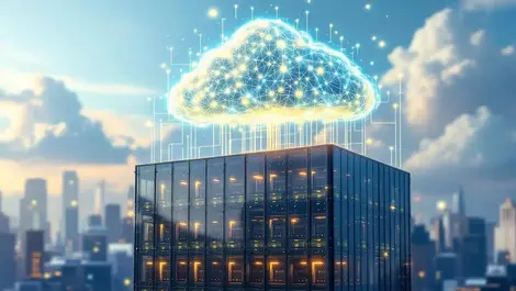 Ai cloud over modern bank tower legacy data center layers data streams