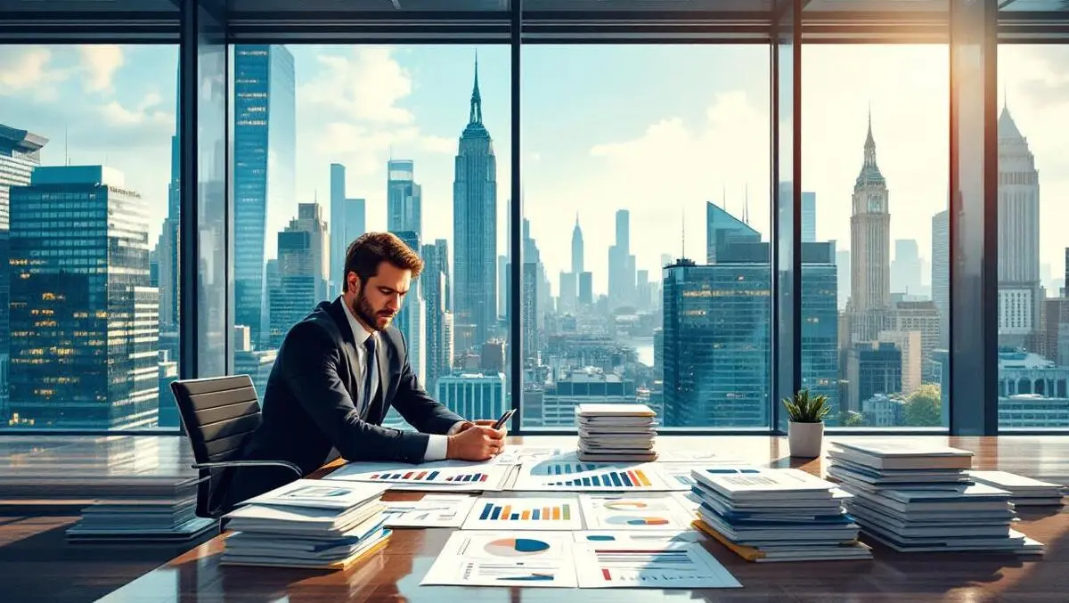 Cfo reviewing layered financial charts in glass office ny london