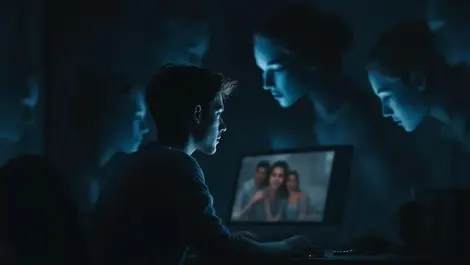 Moody person at computer ai romance scams shadowy faces