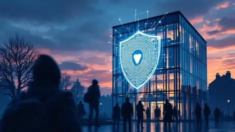 Uk bank glass building dusk ai biometric shield fraud defense