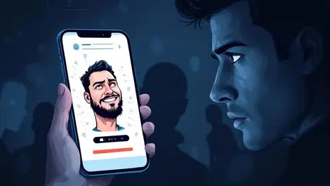 Moody phone reflection identity theft caricature upload privacy risk