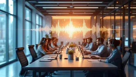 Modern uk call centre with ai voice waveform glowing above table