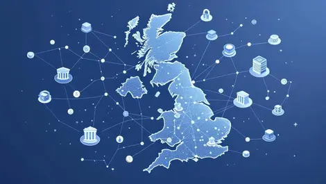 Uk open finance data hub map servers secure nodes muted blues