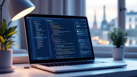 Modern web code editor on laptop paris cityscape minimalist desk