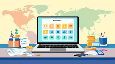 Top business apps laptop with finance items and global regions