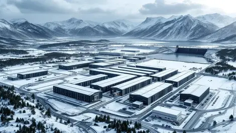 Nordic modular data center with wind turbines hydro dam snow
