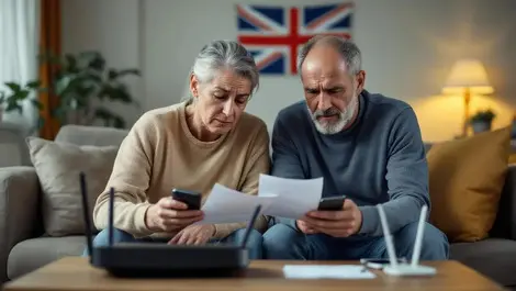 Worried british couple comparing mobile broadband bills living room