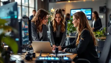 European office women collaborating around av it equipment scene