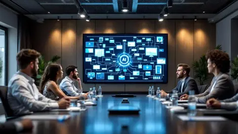 Execs it team review custom ai workflow wall screens boardroom