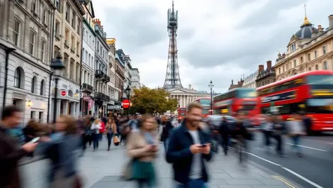 Busy uk high street cell tower people using smartphones red buses